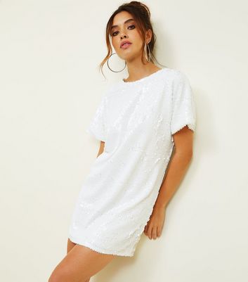 White Sequin Oversized T-Shirt Dress ...
